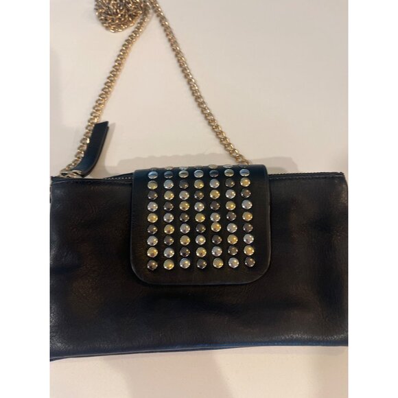 Black Olivia Miller Leather Studded Wristlet With Gold Chain Strap & Zipper Clos - Picture 4 of 10
